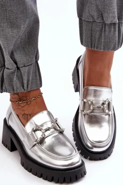 Clearance Boto Damskie Skórzane Półbuty Na Masywnym Obcasie Srebrne Lemmitty Srebrny