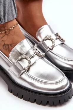 Clearance Boto Damskie Skórzane Półbuty Na Masywnym Obcasie Srebrne Lemmitty Srebrny