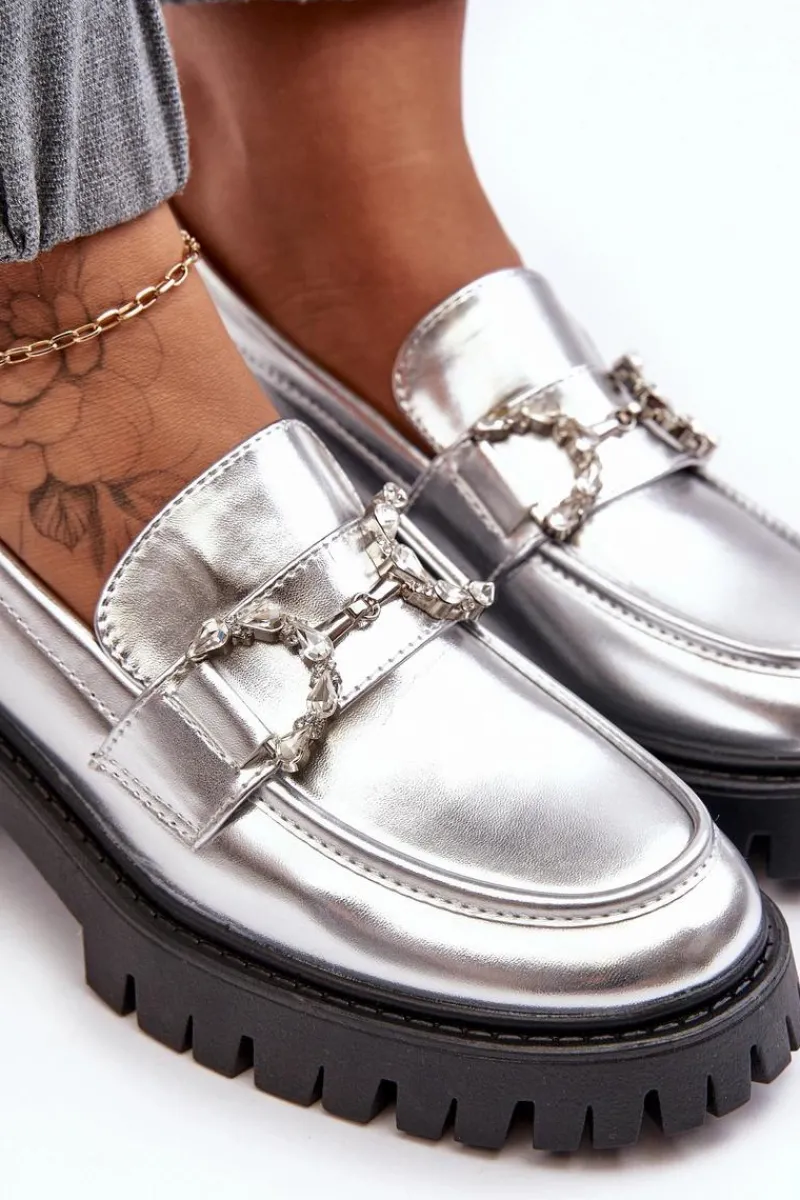 Clearance Boto Damskie Skórzane Półbuty Na Masywnym Obcasie Srebrne Lemmitty Srebrny