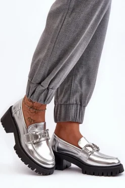 Clearance Boto Damskie Skórzane Półbuty Na Masywnym Obcasie Srebrne Lemmitty Srebrny