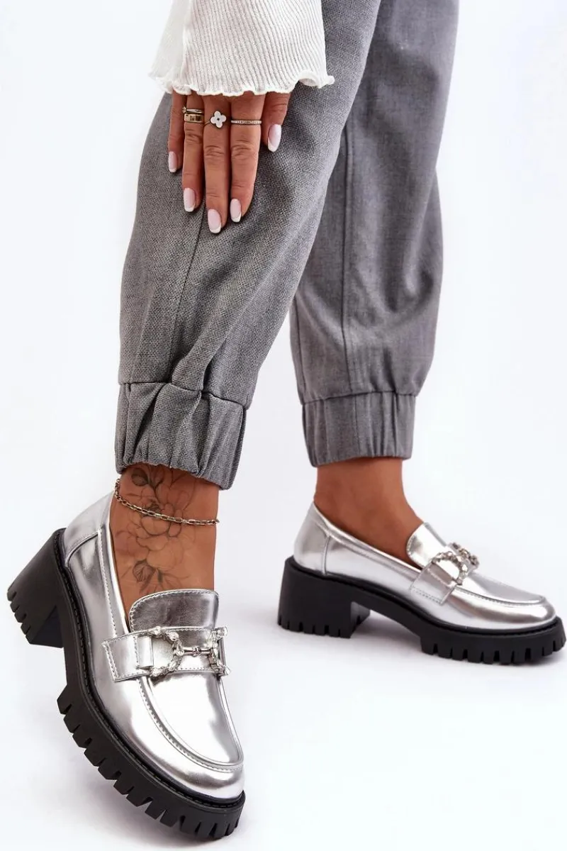 Clearance Boto Damskie Skórzane Półbuty Na Masywnym Obcasie Srebrne Lemmitty Srebrny