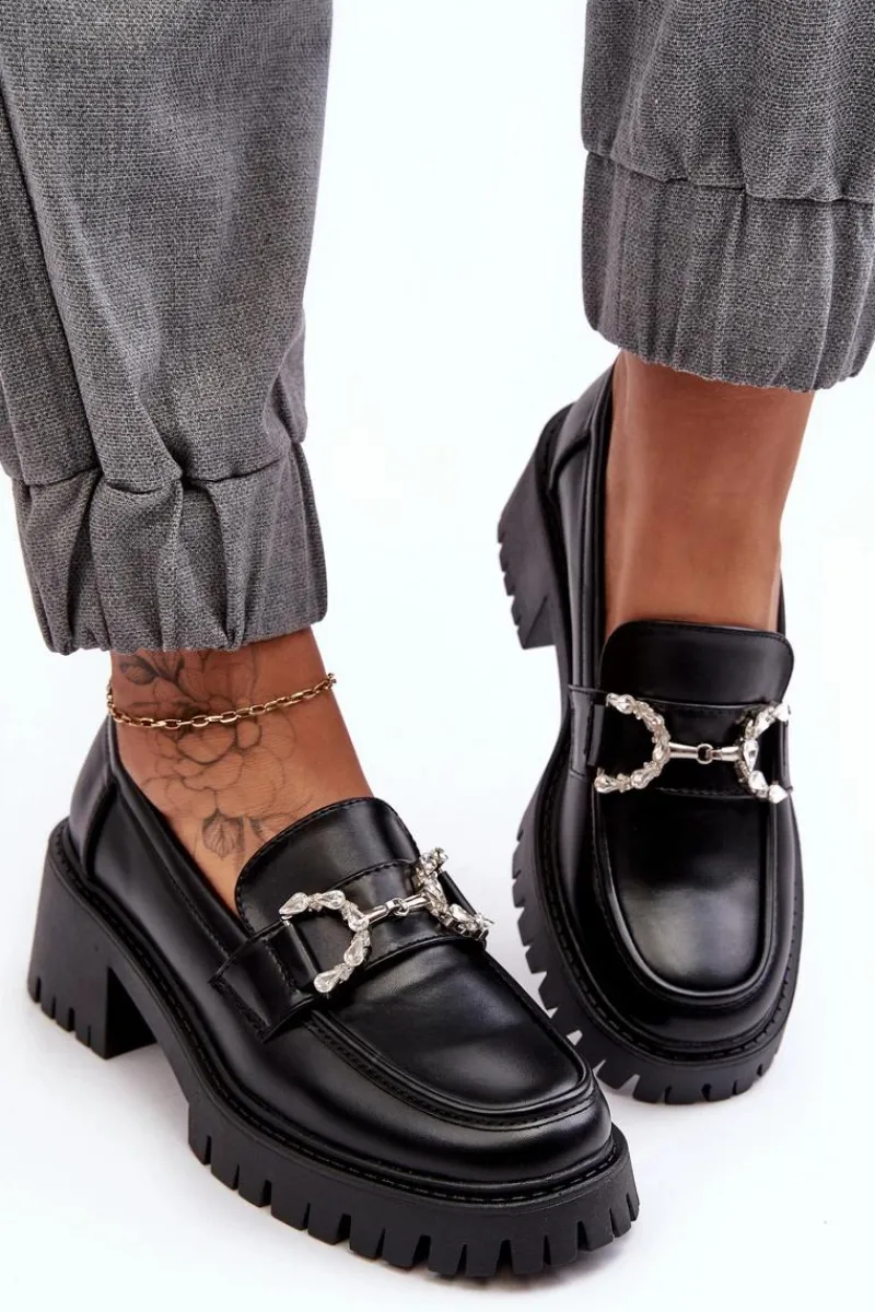 Online Damskie Skórzane Półbuty Na Masywnym Obcasie Czarne Lemmitty Damskie Mokasyny Damskie Lakierowane