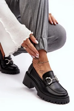 Online Damskie Skórzane Półbuty Na Masywnym Obcasie Czarne Lemmitty Damskie Mokasyny Damskie Lakierowane