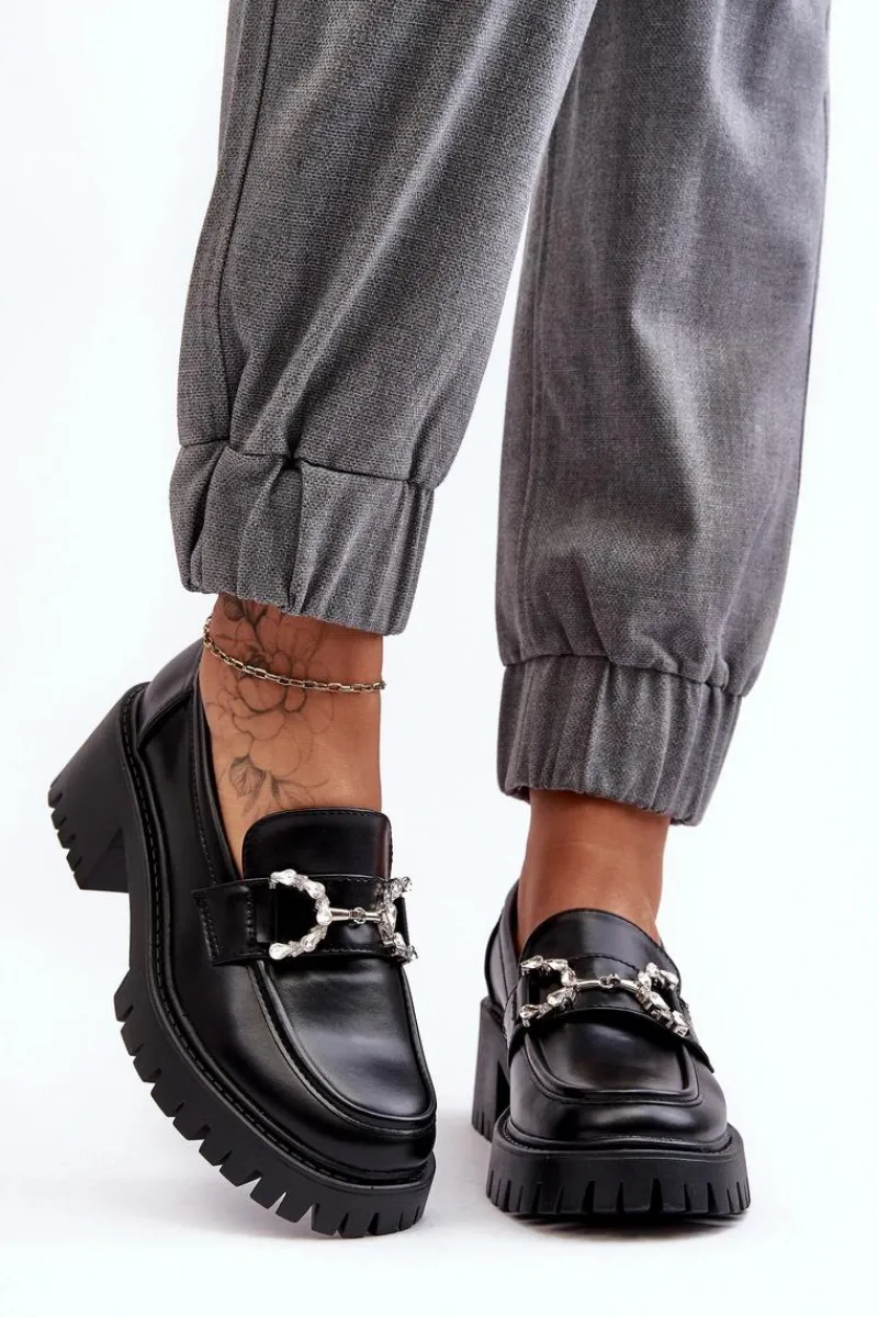 Online Damskie Skórzane Półbuty Na Masywnym Obcasie Czarne Lemmitty Damskie Mokasyny Damskie Lakierowane