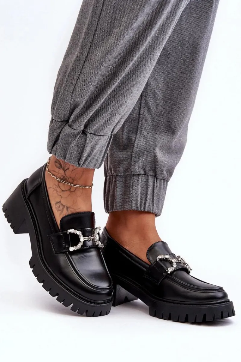 Online Damskie Skórzane Półbuty Na Masywnym Obcasie Czarne Lemmitty Damskie Mokasyny Damskie Lakierowane