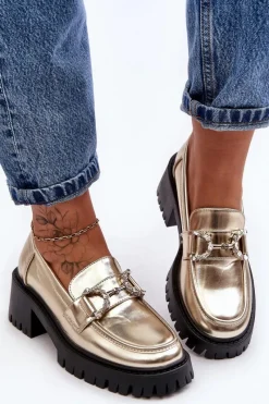 Mokasyny Damskie Lakierowane>Boto Damskie Skórzane Półbuty Na Masywnym Obcasie Złote Lemmitty