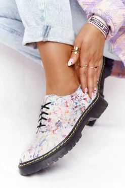 Półbuty Skórzane>Maciejka Damskie Skórzane Półbuty Oxfordy 04087-38 Białe W Kwiaty