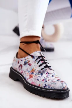 Półbuty Skórzane>Maciejka Damskie Skórzane Półbuty Oxfordy 4087A-38 Białe W Kwiaty