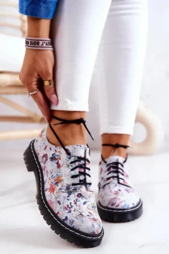 Półbuty Skórzane></noscript>Maciejka Damskie Skórzane Półbuty Oxfordy 4087A-38 Białe W Kwiaty