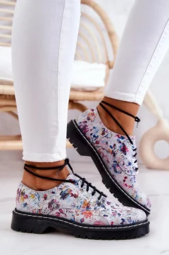 Półbuty Skórzane></noscript>Maciejka Damskie Skórzane Półbuty Oxfordy 4087A-38 Białe W Kwiaty