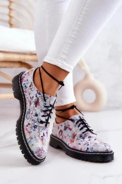 Półbuty Skórzane></noscript>Maciejka Damskie Skórzane Półbuty Oxfordy 4087A-38 Białe W Kwiaty