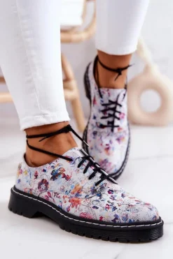 Półbuty Skórzane></noscript>Maciejka Damskie Skórzane Półbuty Oxfordy 4087A-38 Białe W Kwiaty