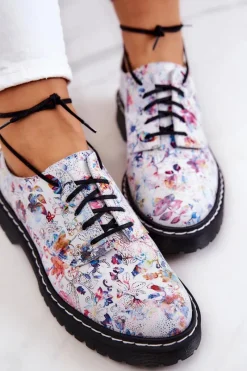 Półbuty Skórzane></noscript>Maciejka Damskie Skórzane Półbuty Oxfordy 4087A-38 Białe W Kwiaty