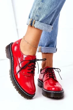 New Damskie Skórzane Półbuty Oxfordy 04087-08 Czerwone Damskie Półbuty Skórzane