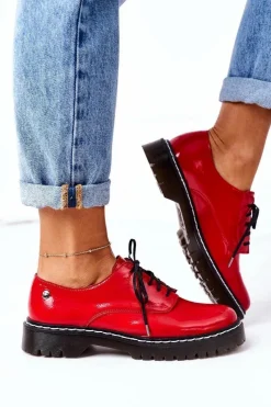 New Damskie Skórzane Półbuty Oxfordy 04087-08 Czerwone Damskie Półbuty Skórzane