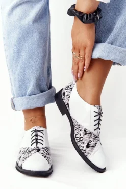 Discount Boto Damskie Skórzane Półbuty Visconi 7439294 Biało-Czarne