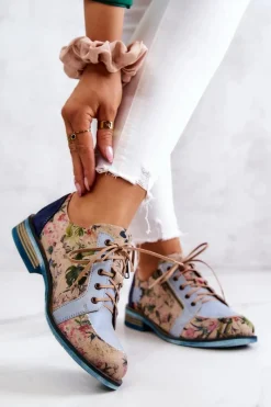 Półbuty Skórzane>Maciejka Damskie Skórzane Półbuty W Kwiaty 5096A-34 Niebieskie