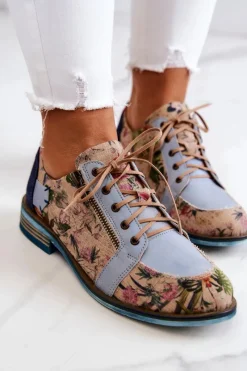 Półbuty Skórzane>Maciejka Damskie Skórzane Półbuty W Kwiaty 5096A-34 Niebieskie