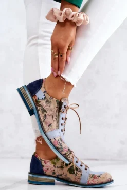 Półbuty Skórzane></noscript>Maciejka Damskie Skórzane Półbuty W Kwiaty 5096A-34 Niebieskie