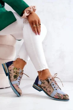 Półbuty Skórzane></noscript>Maciejka Damskie Skórzane Półbuty W Kwiaty 5096A-34 Niebieskie