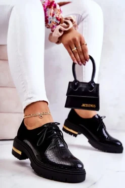 Outlet Damskie Skórzane Półbuty Wiązane Czarne Merevin Damskie Półbuty Skórzane