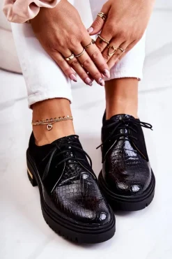 Outlet Damskie Skórzane Półbuty Wiązane Czarne Merevin Damskie Półbuty Skórzane