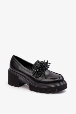 Mokasyny Damskie Lakierowane>Boto Damskie Skórzane Półbuty Z Ozdobą Czarne Renesma