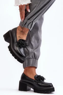 Mokasyny Damskie Lakierowane>Boto Damskie Skórzane Półbuty Z Ozdobą Czarne Renesma