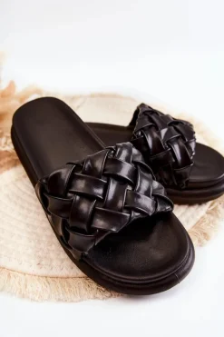 Online Damskie Skórzane Plecione Klapki Czarne Ravella Damskie Klapki Damskie Klasyczne