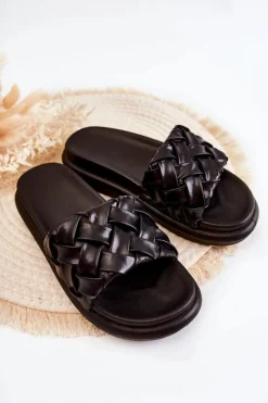 Online Damskie Skórzane Plecione Klapki Czarne Ravella Damskie Klapki Damskie Klasyczne