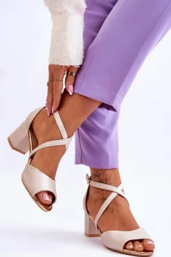 New Damskie Skórzane Sandałki Na Niskim Obcasie Złote Quinn Damskie Sandały Na Obcasie