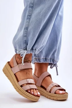 Damskie Skórzane Sandałki Na Rzep Różowe Fresh Look Damskie Sandały Na Koturnie