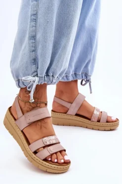 Damskie Skórzane Sandałki Na Rzep Różowe Fresh Look Damskie Sandały Na Koturnie
