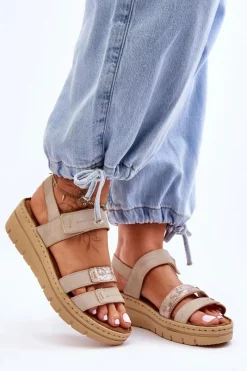 Sandały Na Koturnie>Buty damskie Vinceza Damskie Skórzane Sandałki Na Rzep Beżowe Fresh Look Beżowy