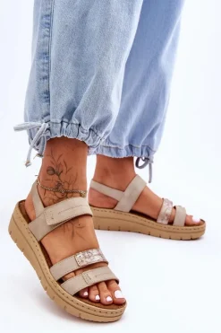 Sandały Na Koturnie></noscript>Buty damskie Vinceza Damskie Skórzane Sandałki Na Rzep Beżowe Fresh Look Beżowy