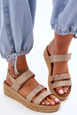 Sandały Na Koturnie></noscript>Buty damskie Vinceza Damskie Skórzane Sandałki Na Rzep Beżowe Fresh Look Beżowy