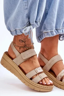 Sandały Na Koturnie></noscript>Buty damskie Vinceza Damskie Skórzane Sandałki Na Rzep Beżowe Fresh Look Beżowy