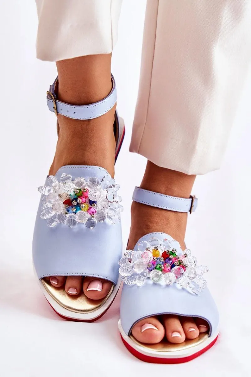 Sandały Płaskie>Boto Damskie Skórzane Sandałki Z Ozdobą Niebieskie Nevassa