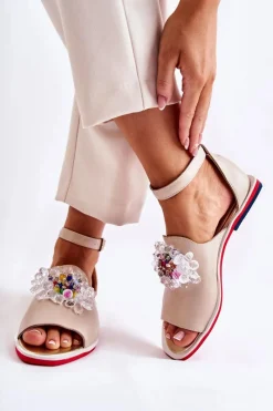 Sandały Płaskie>Boto Damskie Skórzane Sandałki Z Ozdobą Beżowe Nevassa