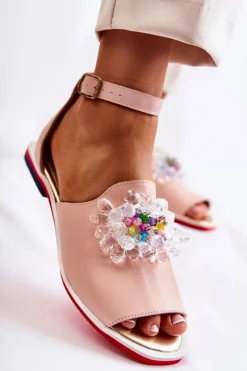 Sale Boto Damskie Skórzane Sandałki Z Ozdobą Jasnoróżowe Nevassa