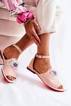 Sale Boto Damskie Skórzane Sandałki Z Ozdobą Jasnoróżowe Nevassa