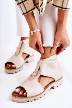 Sale Damskie Skórzane Sandały Na Suwak Nicole 2748 Beżowe Damskie Sandały Płaskie