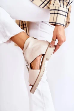 Sale Damskie Skórzane Sandały Na Suwak Nicole 2748 Beżowe Damskie Sandały Płaskie