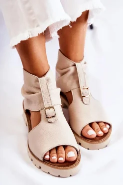 Sale Damskie Skórzane Sandały Na Suwak Nicole 2748 Beżowe Damskie Sandały Płaskie