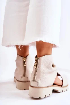 Sale Damskie Skórzane Sandały Na Suwak Nicole 2748 Beżowe Damskie Sandały Płaskie