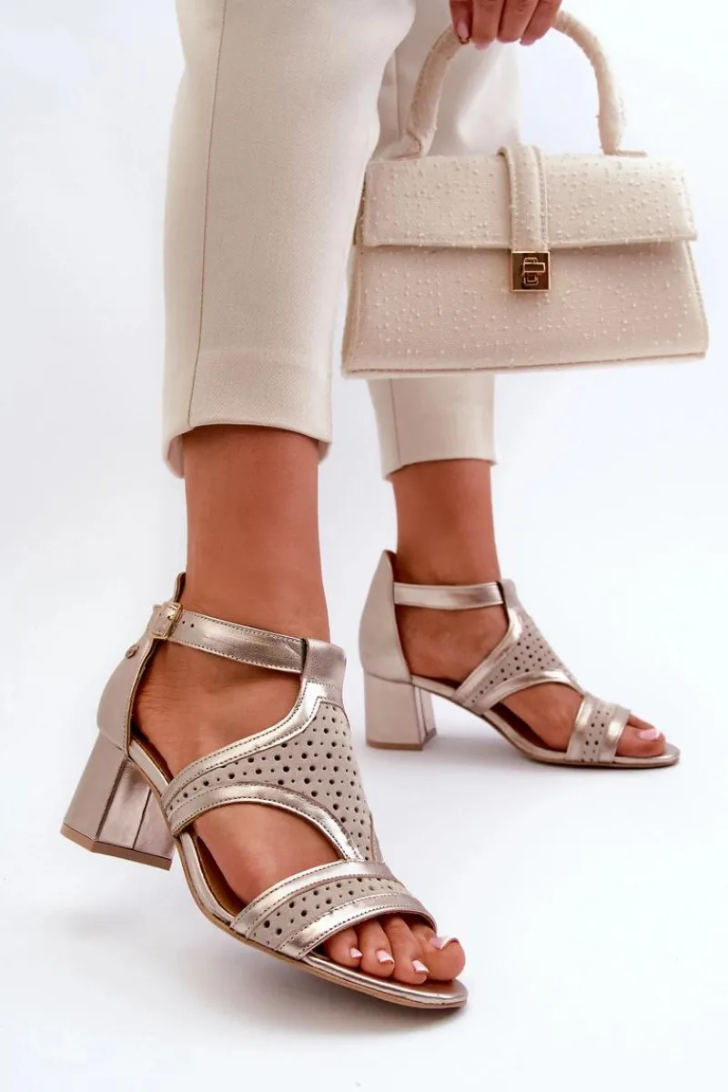 Sandały Na Obcasie>Maciejka Damskie Skórzane Sandały Na Słupku 06459-25 Beżowo-Złote