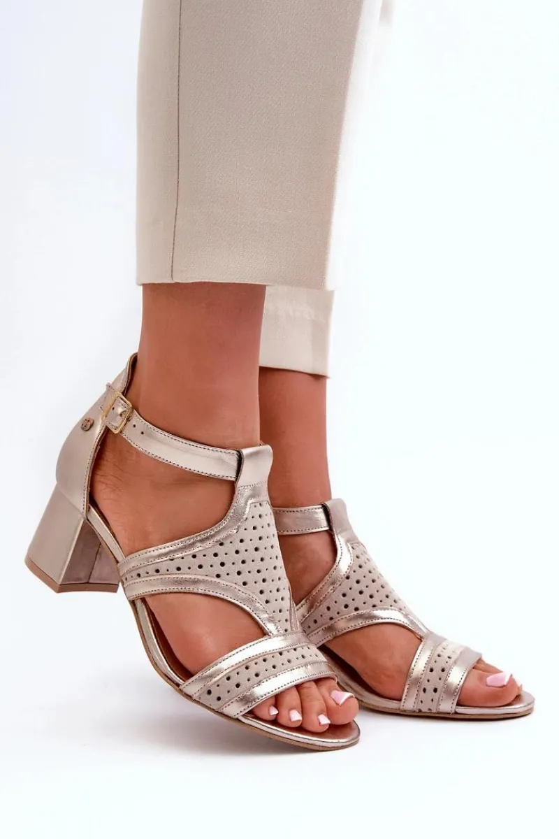 Sandały Na Obcasie>Maciejka Damskie Skórzane Sandały Na Słupku 06459-25 Beżowo-Złote