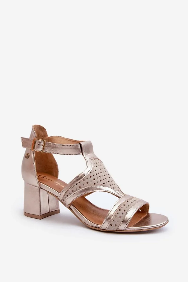 Sandały Na Obcasie>Maciejka Damskie Skórzane Sandały Na Słupku 06459-25 Beżowo-Złote