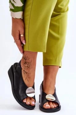 Online Damskie Skórzane Sandały Na Koturnie Czarne Justice Damskie Sandały Na Koturnie