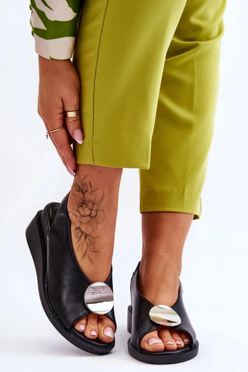 Online Damskie Skórzane Sandały Na Koturnie Czarne Justice Damskie Sandały Na Koturnie